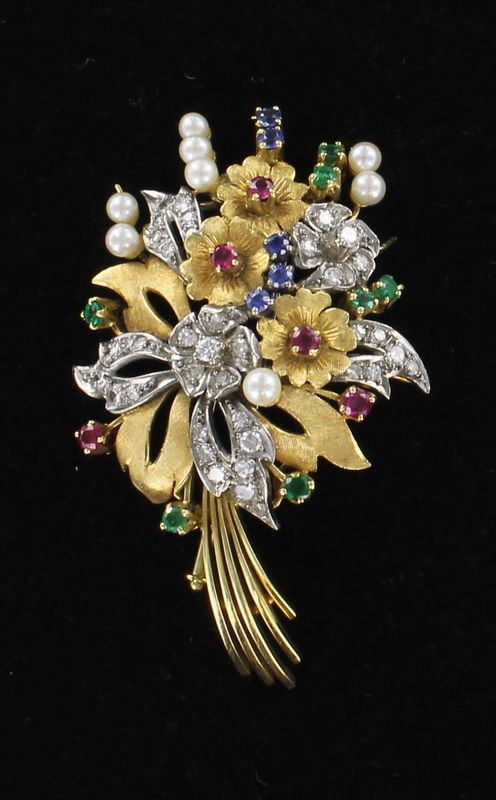 18KTY PEARL, DIAMOND, RUBY, SAPPHIRE AND EMERALD FLOWER PIN