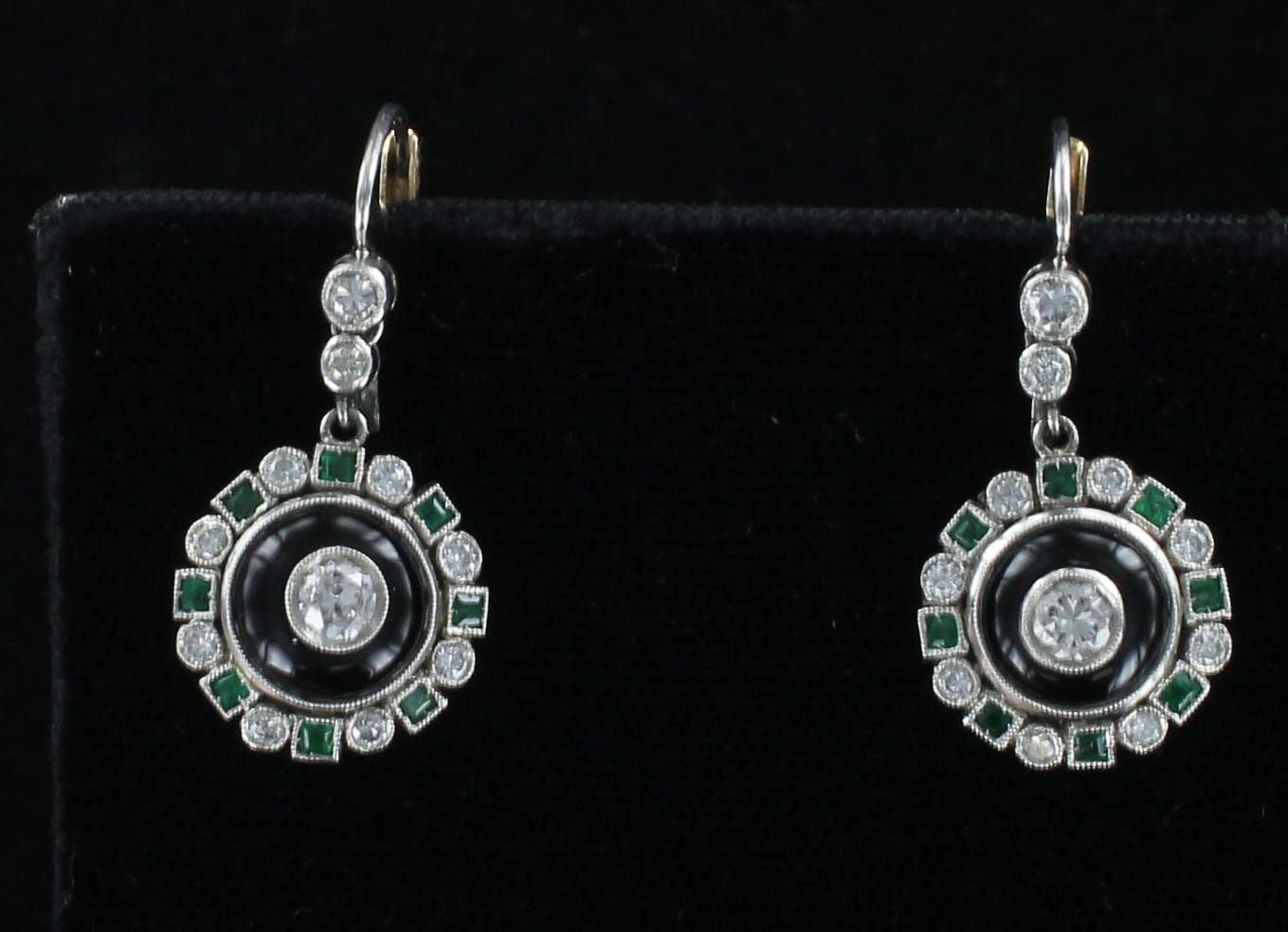 18KT/PLATINUM ONYX, EMERALD AND DIAMOND EARRINGS