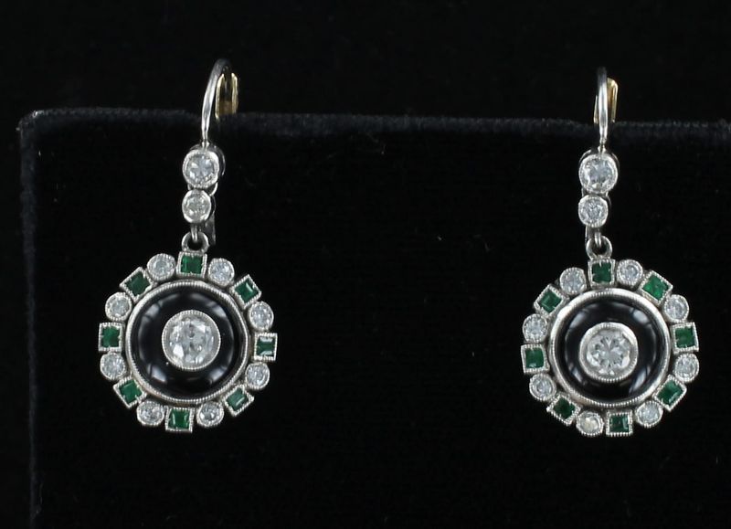 18KT/PLATINUM ONYX, EMERALD AND DIAMOND EARRINGS