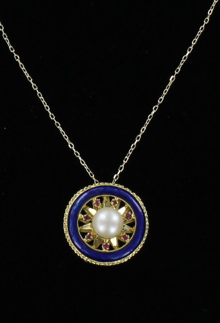 18KT PEARL, RUBY AND ENAMEL PENDANT