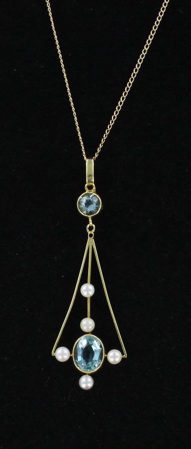 15KTY AQUAMARINE WITH PEARL PENDANT, CA 1890