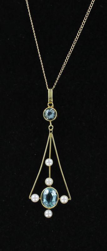 15KTY AQUAMARINE WITH PEARL PENDANT, CA 1890