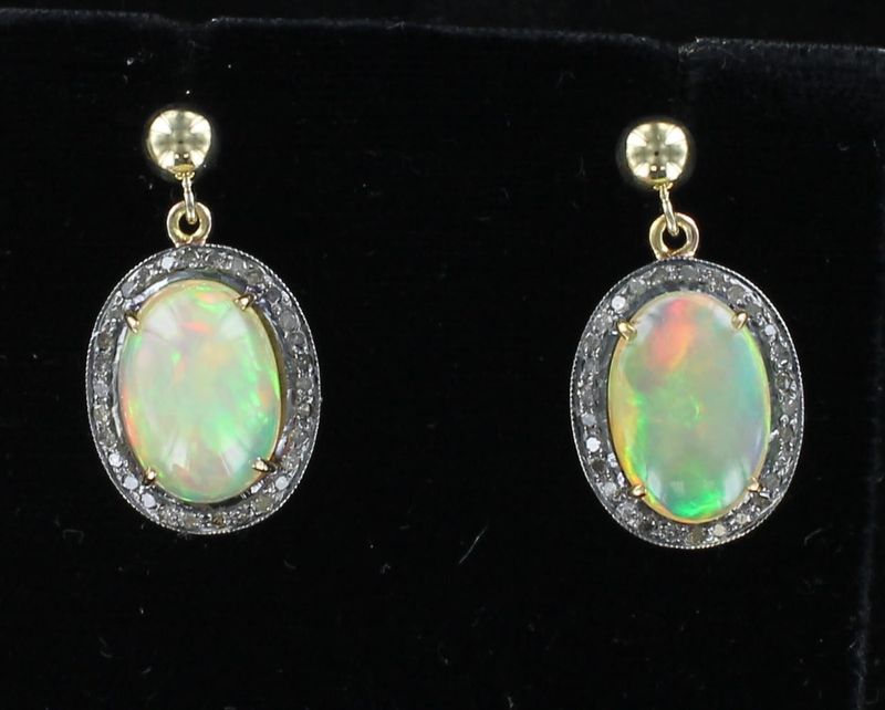 14KT OPAL AND DIAMOND DANGLE EARRINGS
