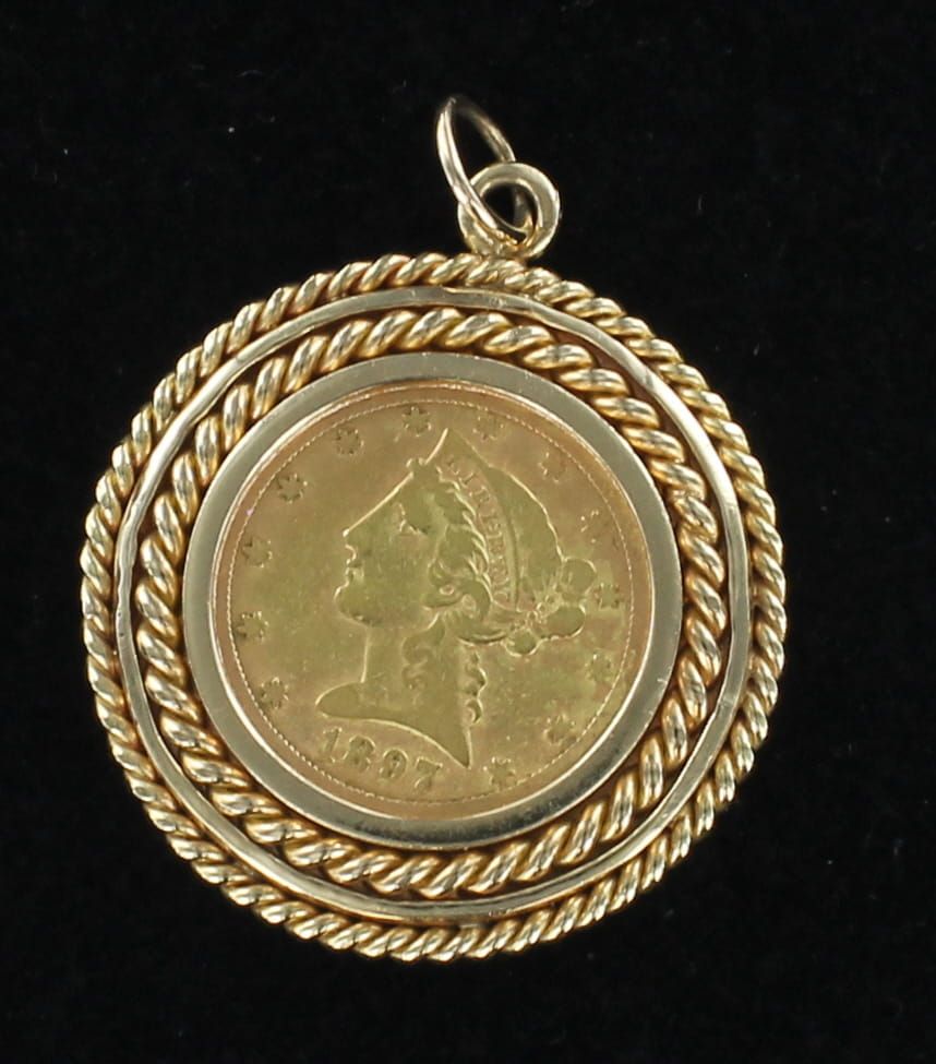 14KTY FIVE DOLLAR COIN CHARM, CA 1897