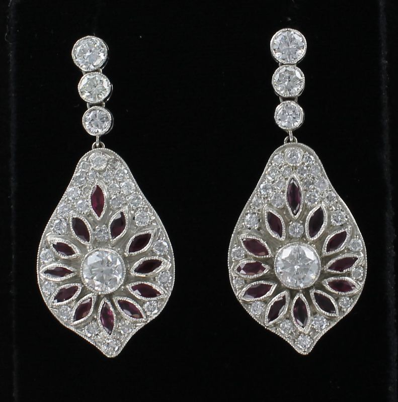 PLATINUM DIAMOND RUBY DANGLE EARRINGS