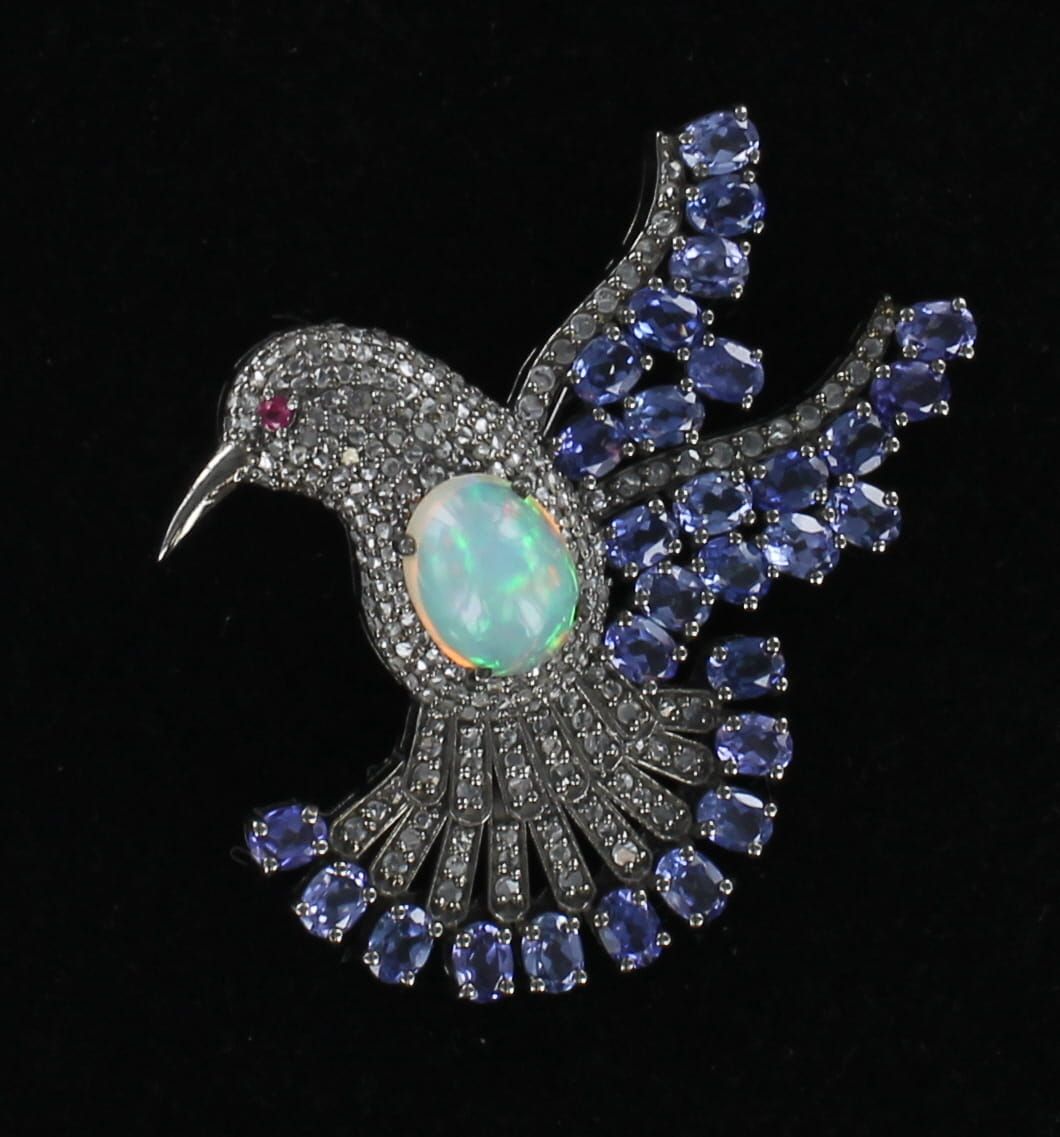 SILVER SAPPHIRE, DIAMOND WITH OPAL HUMMINGBIRD PIN