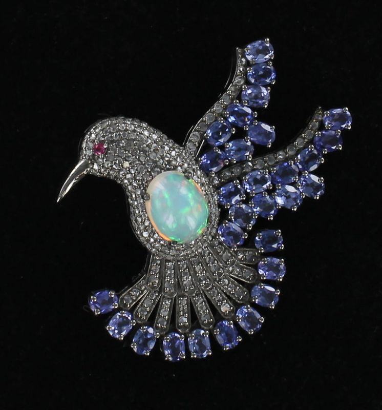 SILVER SAPPHIRE, DIAMOND WITH OPAL HUMMINGBIRD PIN