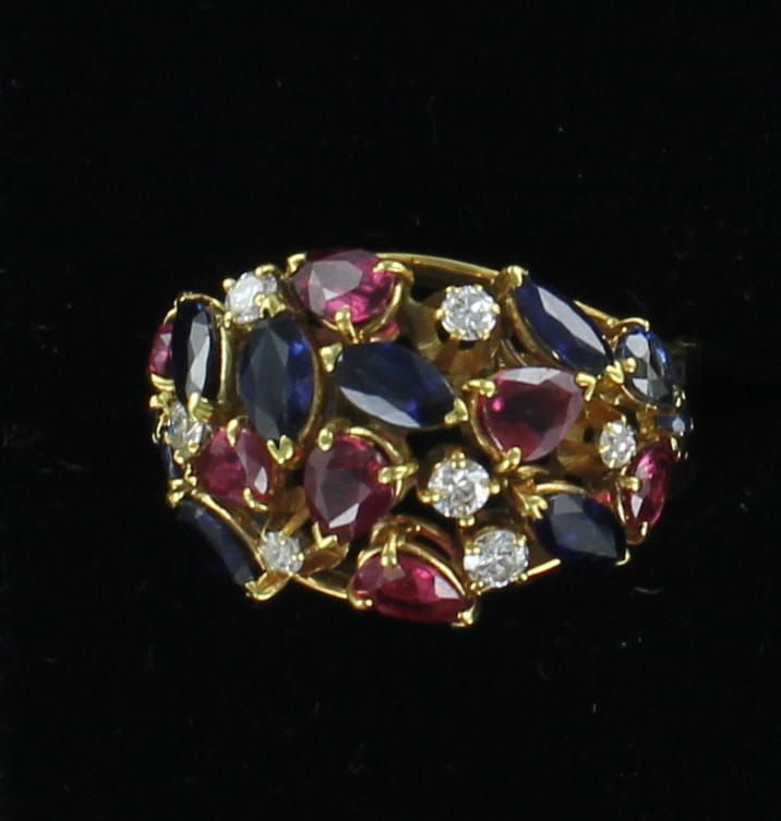 14KTY SAPPHIRE, RUBY AND DIAMOND RING