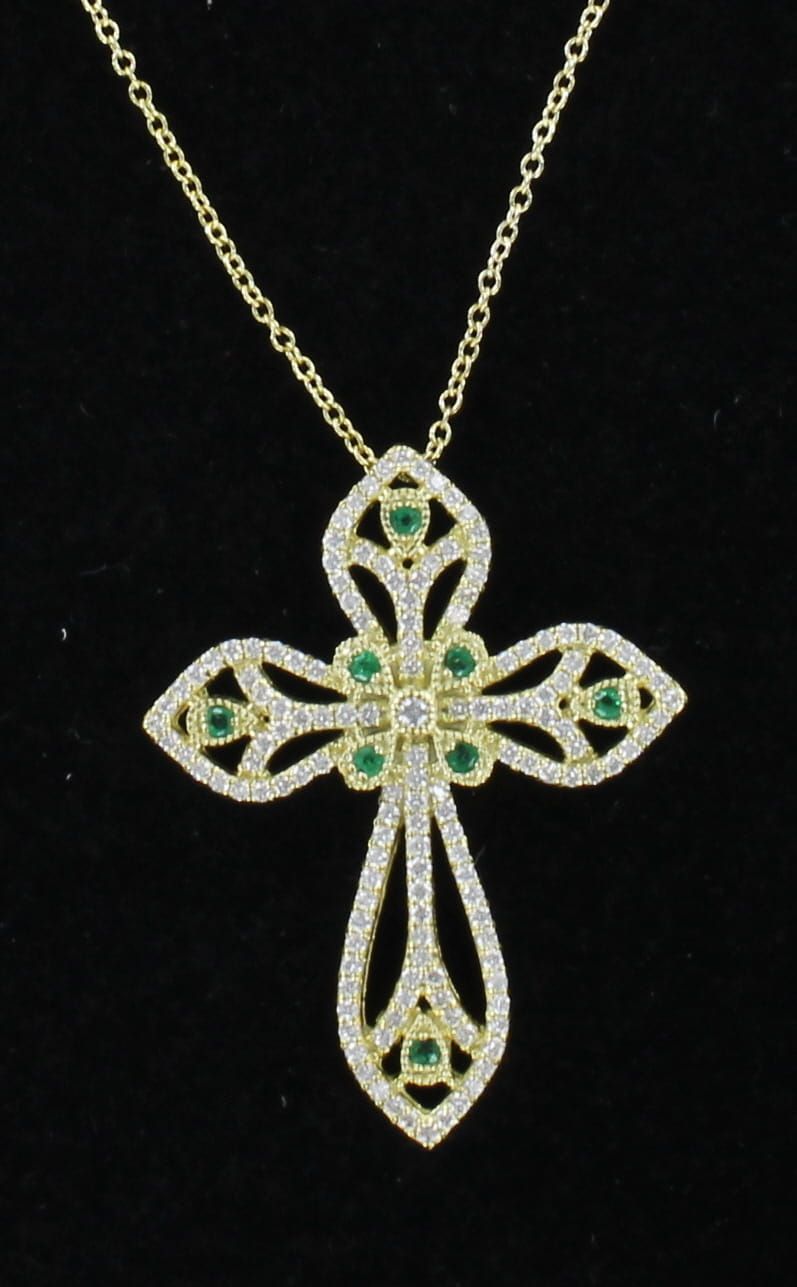 14KTY EMERALD AND DIAMOND CROSS