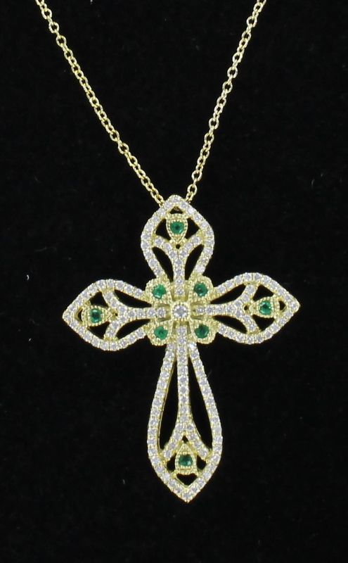 14KTY EMERALD AND DIAMOND CROSS