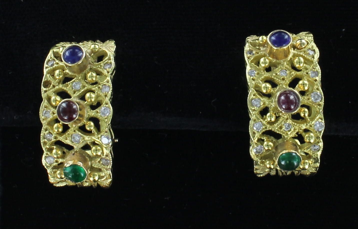 18KTY RUBY, SAPPHIRE WITH EMERALD EARRINGS