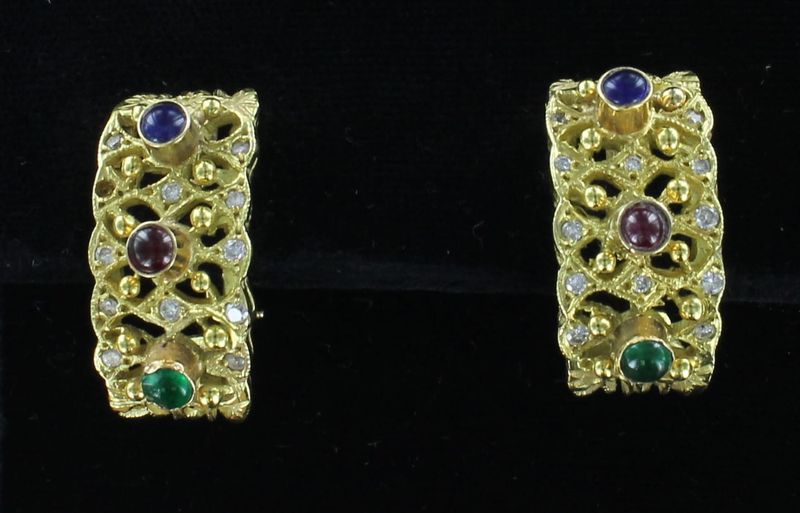 18KTY RUBY, SAPPHIRE WITH EMERALD EARRINGS