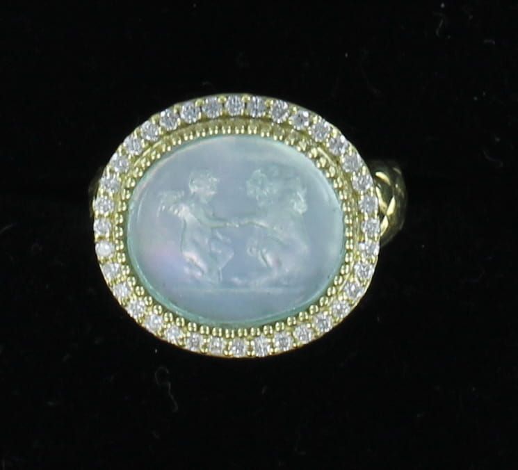 14KTY AQUAMARINE VENETIAN GLASS WITH DIAMOND RING
