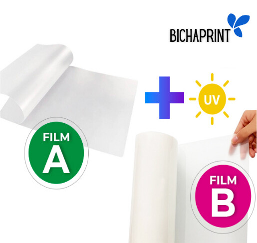 ​Film para UV DTF papeles A y B - 1 hoja A4 del A y 50cm lineales de film de laminado B