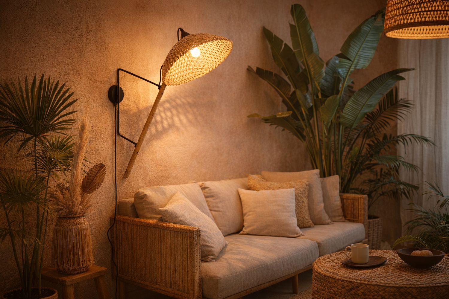 Lampe murale bambou naturel et fer