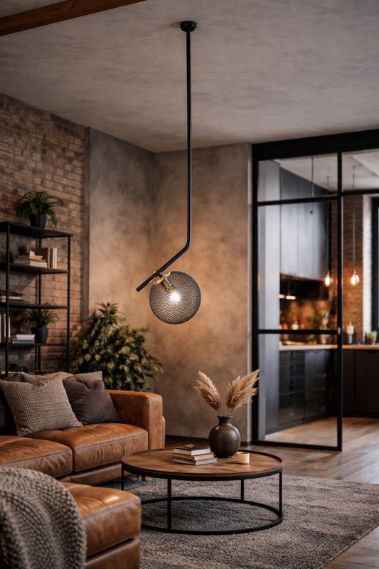 Lampe à Suspension métal tissé noir et tige métal noir