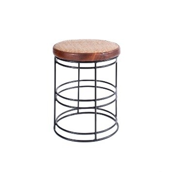 Tabouret bas métal, cuir Cognac et cannage bambou