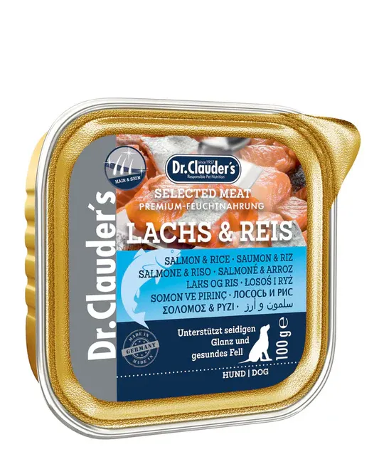 Dr.Clauder's Selected Meat Lasis un Rīsi (Hair&Skin) 100g alumīnija konservu kārbiņas Dr.Clauder's Selected Meat Lasis un Rīsi (Hair&Skin) 100g alumīnija konservu kārbiņas
