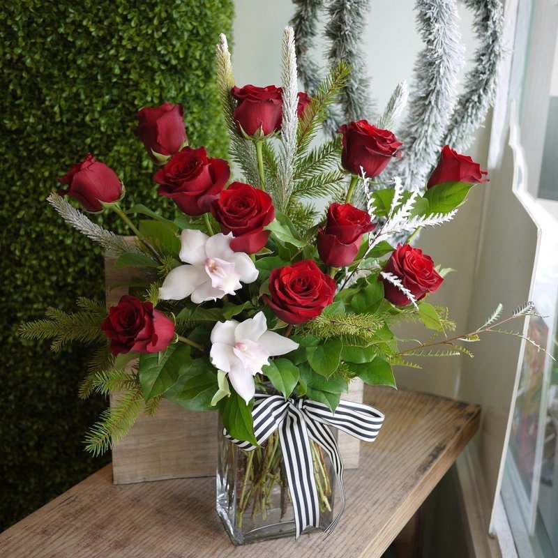 Red Roses with Snow branch