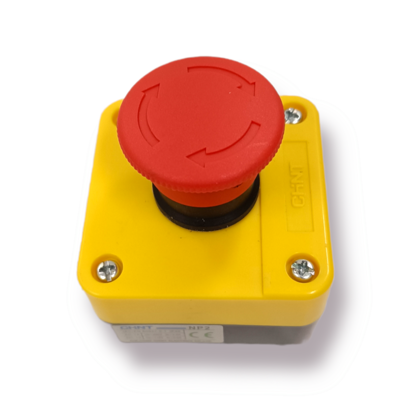 Caja amarilla con Pulsador Hongo 1NC con retención  (NP2-J174)