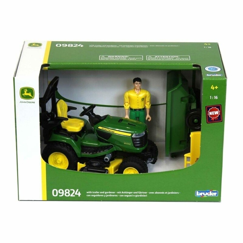 09824 John Deere lawn tractor w trailer and figure