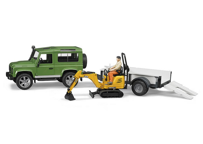 02593 Land Rover Defender with trailer, JCB Micro Exc. and worker