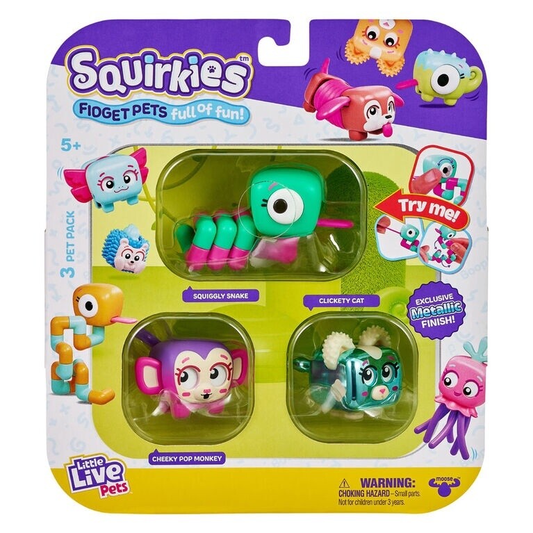 MOO26431 SQUIRKIES - 3pk FIDGET PETS ( Snake,Cat,Monkey )