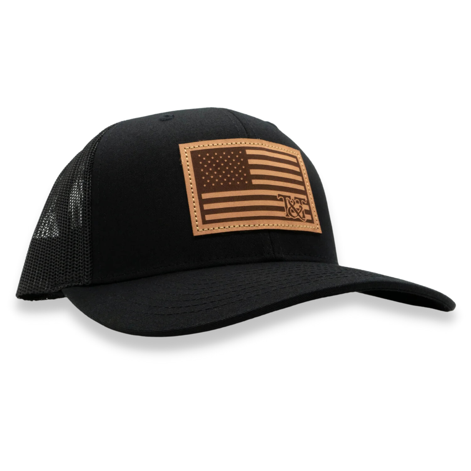 Flag Leather Patch Trucker Hat - Black/Black