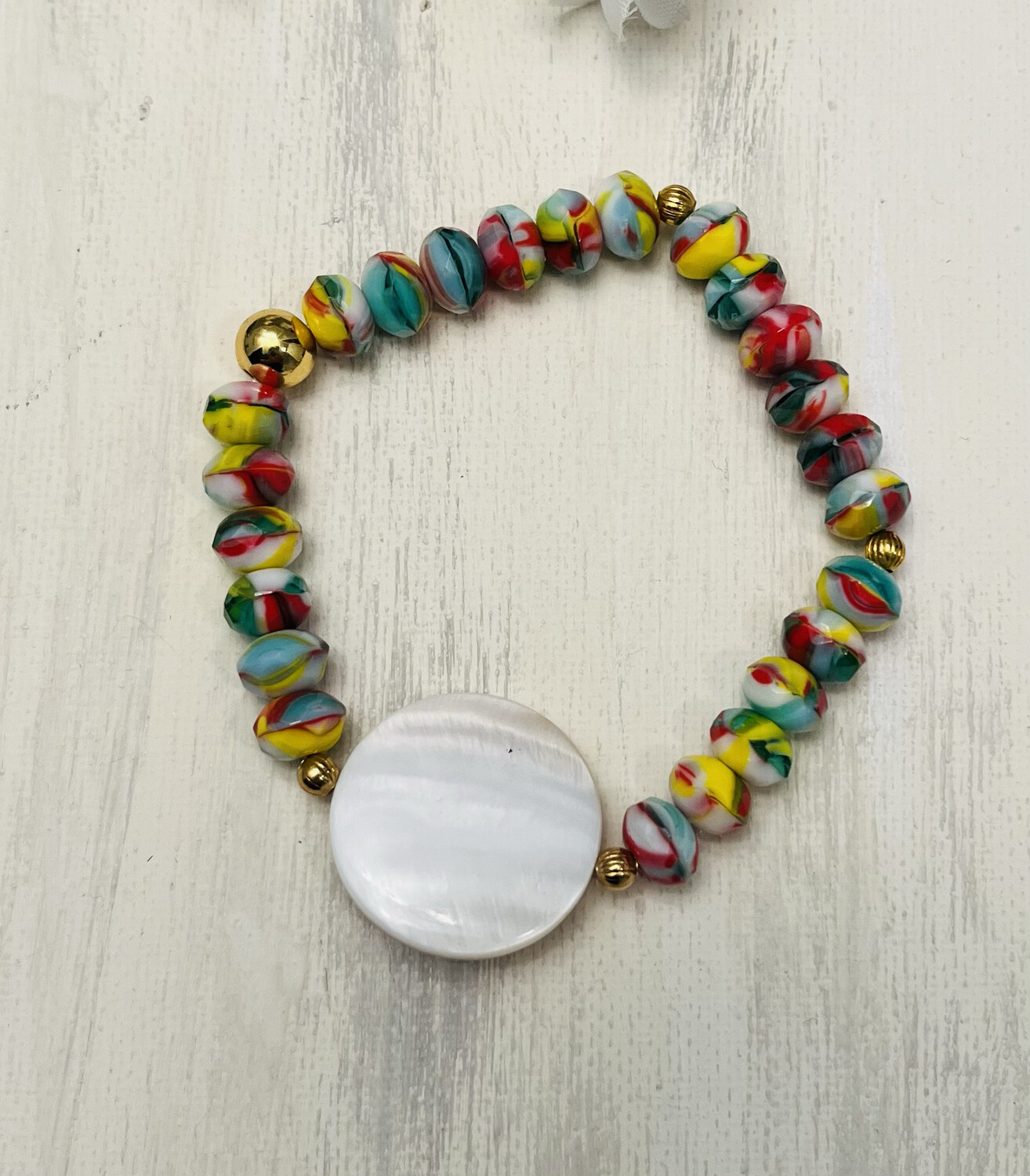Multi Color Czech Bead Stretch Bracelet MOP