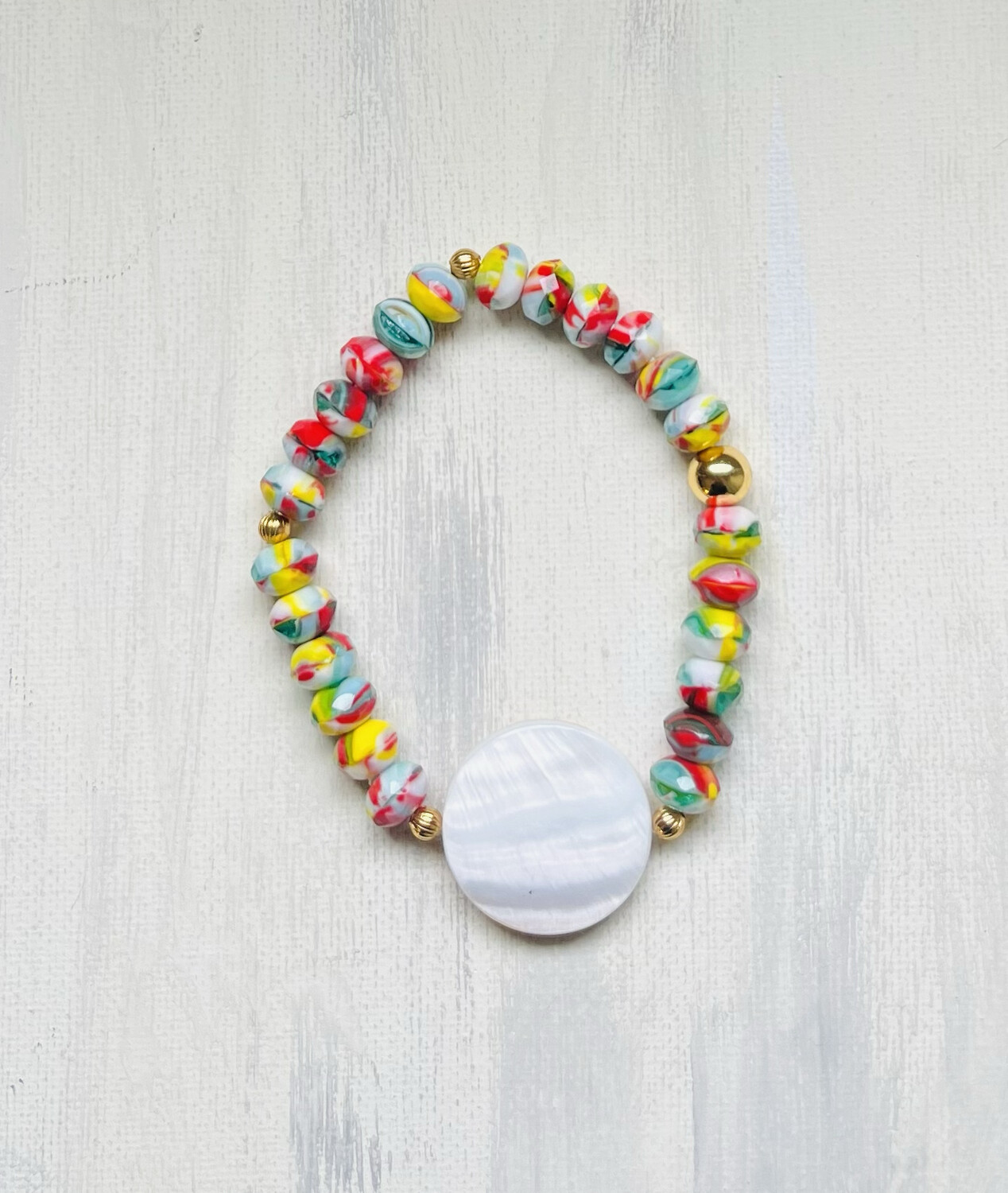 Multi Color Czech Bead Stretch Bracelet MOP