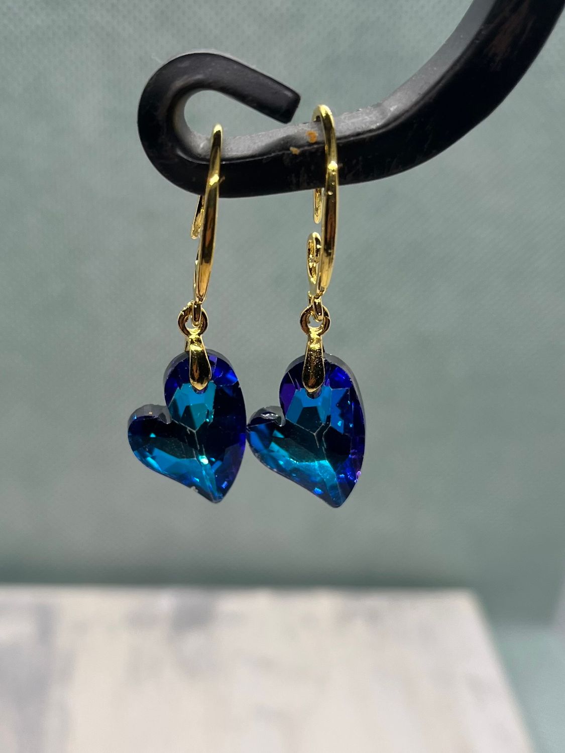 Iridescent heart shaped drop earrings