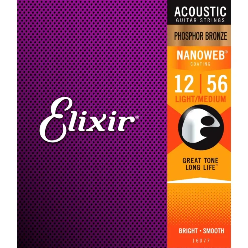 Elixir 16077 Strings Phosphor Bronze Acoustic Guitar Strings w NANOWEB Coating, Light/Medium (.012-.056)