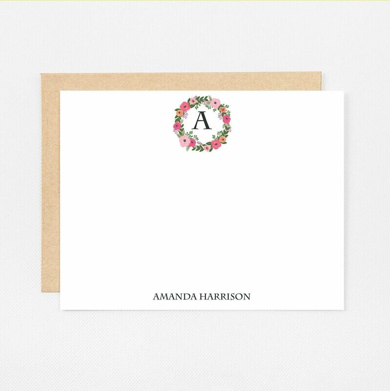 Initial Pink Floral Wreath Flat Notecards