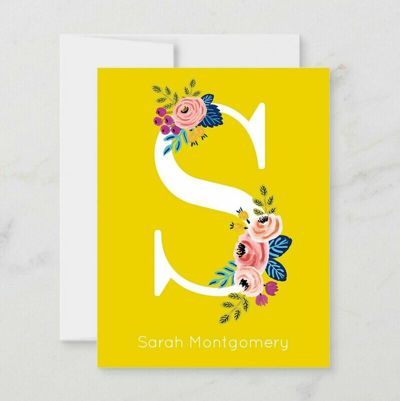Yellow Floral Initial Folded Notecards