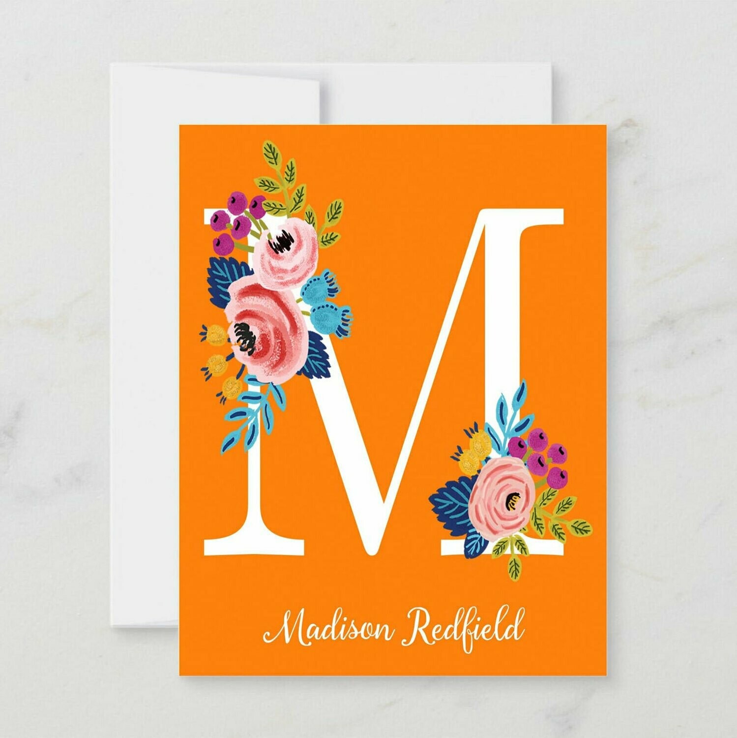 Orange Floral Initial Folded Notecards