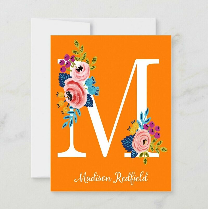 Orange Floral Initial Folded Notecards
