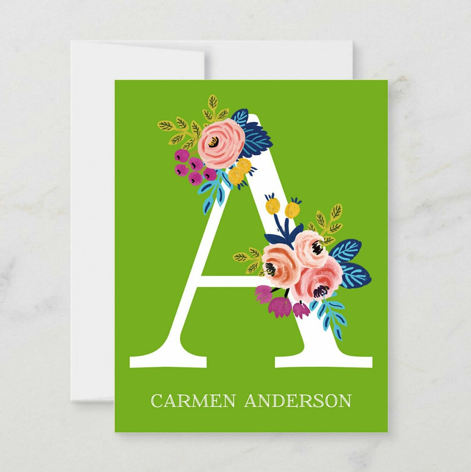 Lime Green Floral Initial Folded Notecards