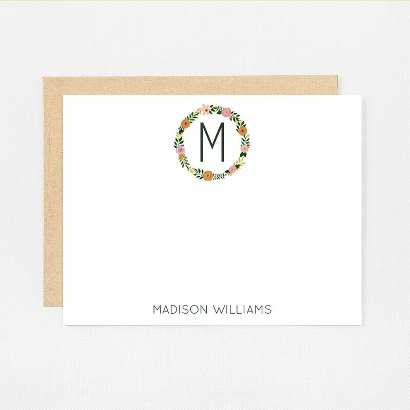 Initial Orange Floral Wreath Flat Notecards