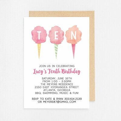 Cotton Candy Tenth Birthday Invitation - Digital or Printed