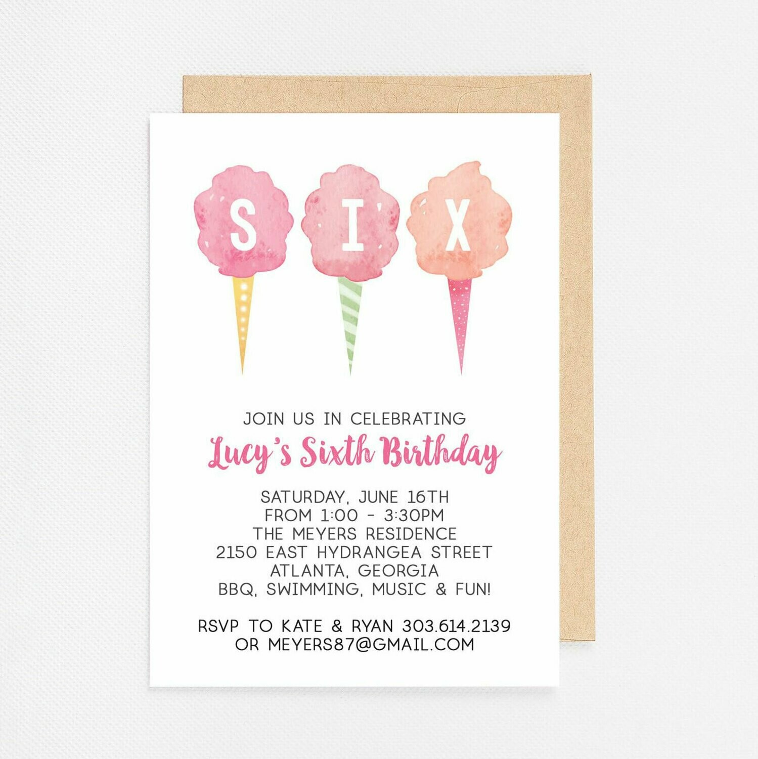 Cotton Candy Sixth Birthday Invitation - Digital or Printed