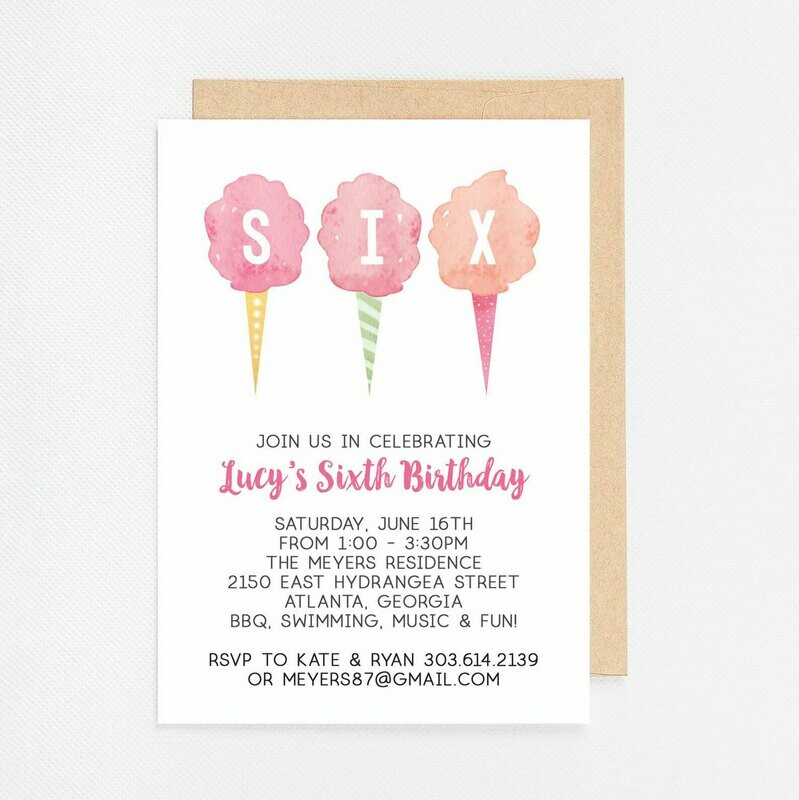 Cotton Candy Sixth Birthday Invitation - Digital or Printed