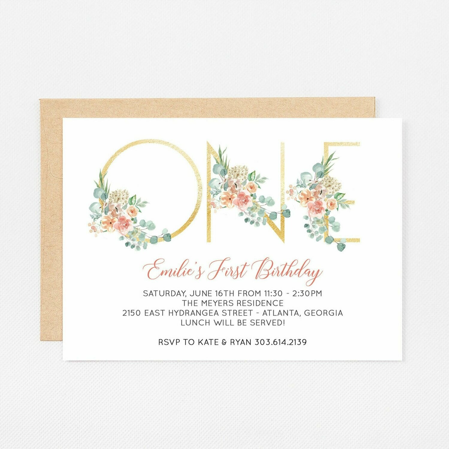 First Birthday Gold Watercolor Invitation - Digital or Printed