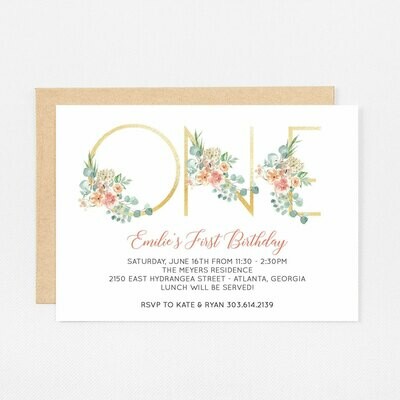 First Birthday Gold Watercolor Invitation - Digital or Printed