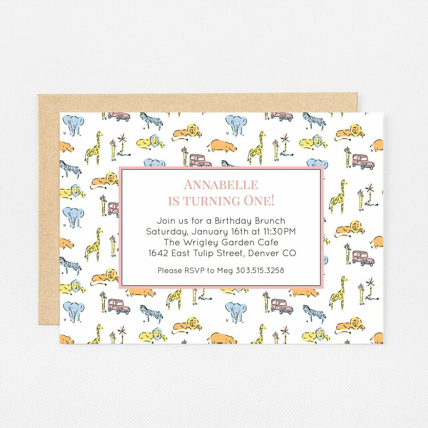 Pink Safari Zoo Animals Invitation - Digital or Printed