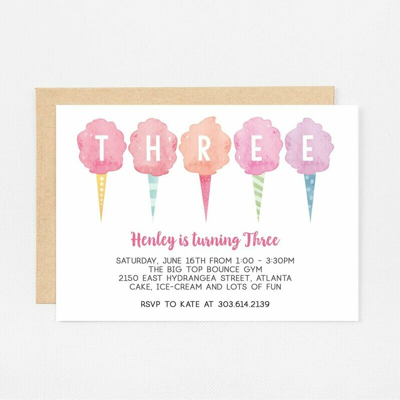 Cotton Candy Third Birthday Invitation - Digital or Printed
