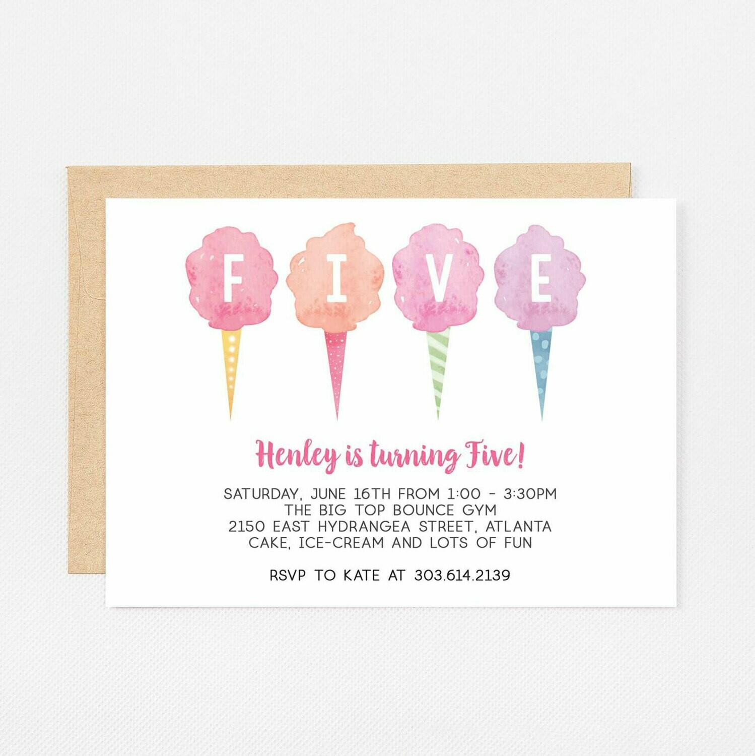 Cotton Candy Fifth Birthday Invitation - Digital or Printed