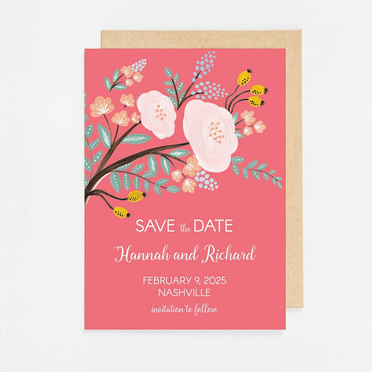 Pink Floral Branch Invitation - Digital or Printed