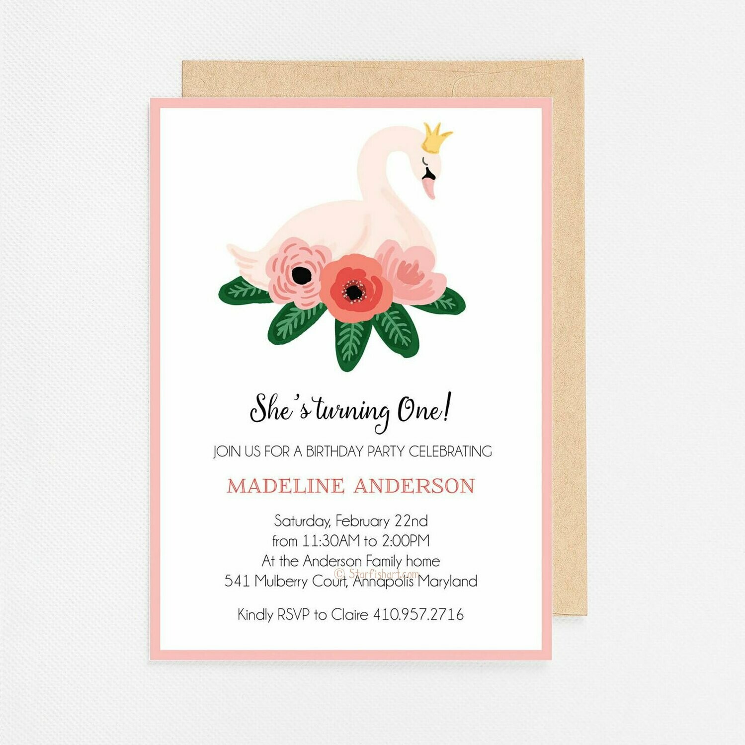 Pink Swan with Flowers Invitation - Digital or Printed