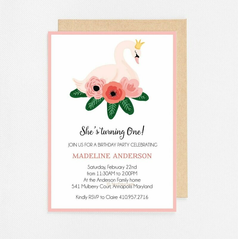 Pink Swan with Flowers Invitation - Digital or Printed