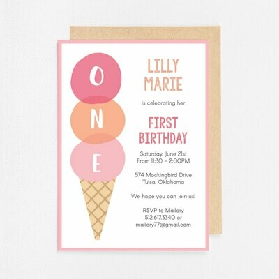 First Birthday Ice Cream Invitation - Digital or Printed